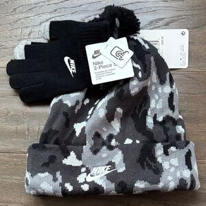 Nike 2 pc. Beanie,touchscreen gloves,knit cuffed,pom pom,tonal logo,warm winter